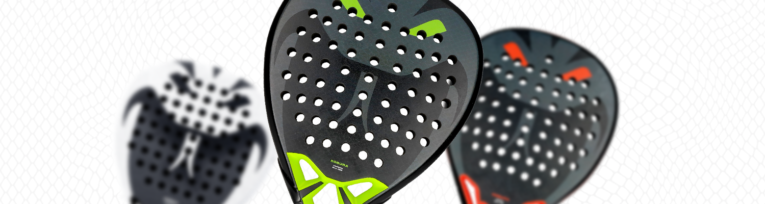 Fancy header with all 3 rackets placed in a  depth to show the designs